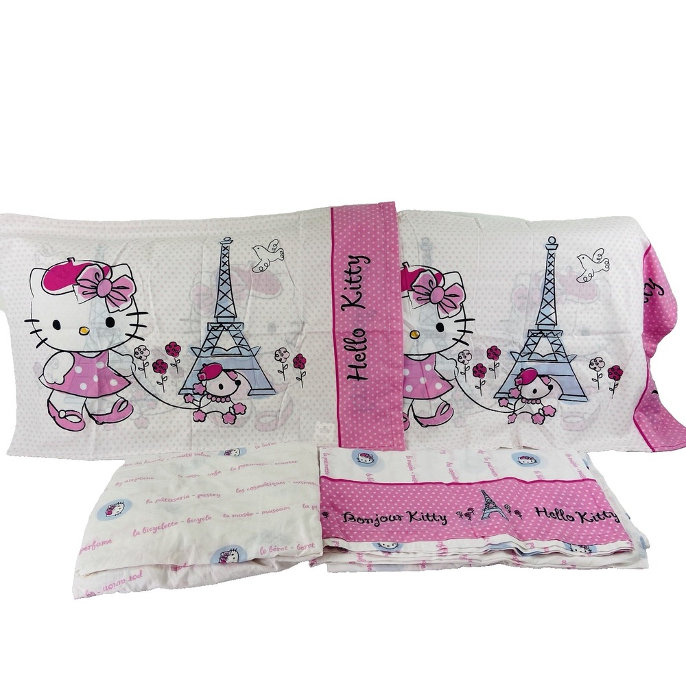Sanrio Hello Kitty Bonjour Paris Full Pink Dot Sheet Set 2006 Poodle Eiffel Towe